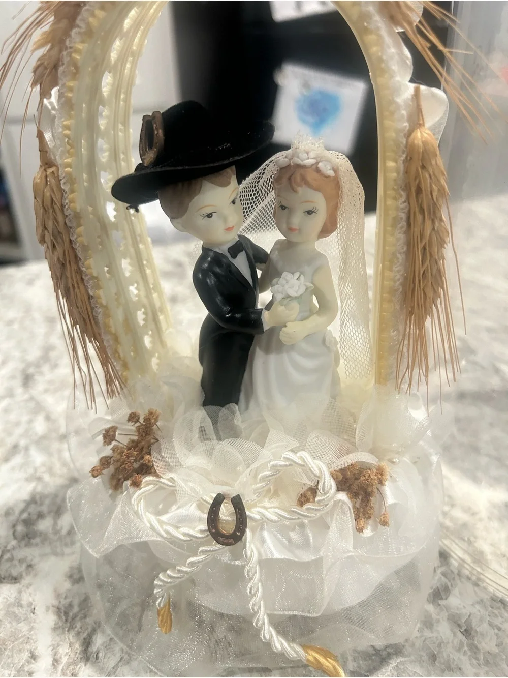 Vintage western Bride and Groom Cake Topper in White and Black